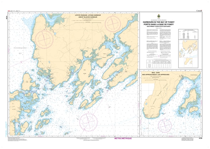 CHS Nautical Chart 4124 showing Harbour plans for the Southwest Coast of the Bay of Fundy, including St. Andrews and Blackâ€™s Harbour.