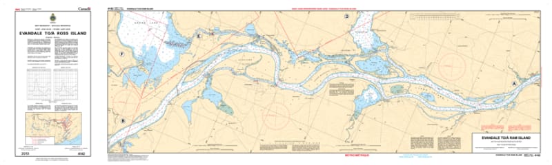 CHS Nautical Chart 4142 featuring four sheets of the Saint John River from Evandale to Ross Island with detailed soundings and navigation aids. CHS Nautical Chart 4142 featuring four sheets of the Saint John River from Evandale to Ross Island with detailed soundings and navigation aids.