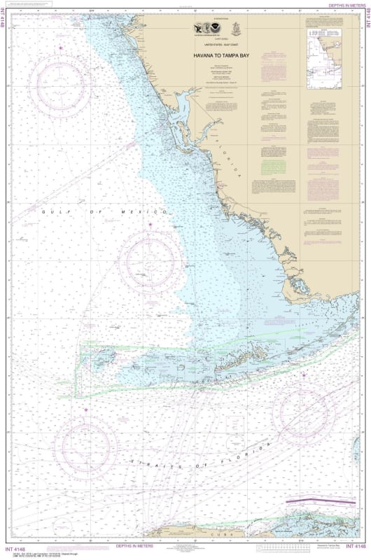 NOAA Chart 4148. Nautical Chart of Havana to Tampa Bay. NOAA charts portray water depths, coastlines, dangers, aids to navigation, landmarks, bottom characteristics and other features, as well as regulatory, tide, and other information. They contain all c
