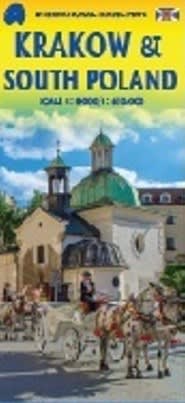 The definitive travel map for Krakow and Southern Poland. Features a detailed city center map (UNESCO Heritage Old Town) and a regional road inset showing routes to Auschwitz (OÅ›wiÄ™cim) and Katowice. Essential for cultural and historical tours.