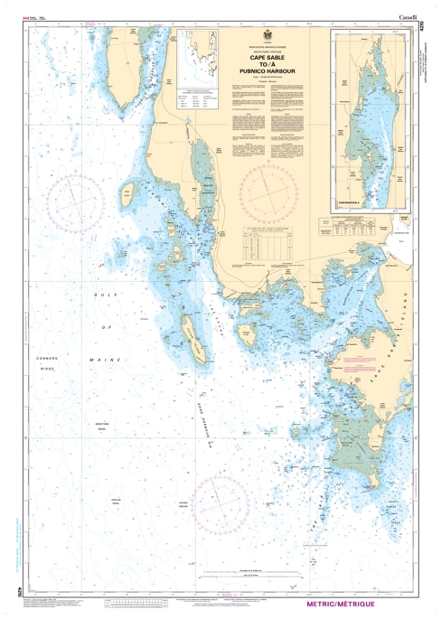CHS Nautical Chart 4210 of Southwest Nova Scotia from Cape Sable to Pubnico Harbour featuring detailed depth soundings and coastal islands. CHS Nautical Chart 4210 of Southwest Nova Scotia from Cape Sable to Pubnico Harbour featuring detailed depth soundings and coastal islands.