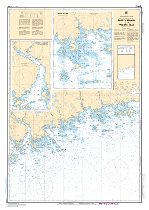 Official nautical chart 4235 depicting navigation routes, depth soundings, and coastal features from Barren Island to Taylors Head, Nova Scotia. Official nautical chart 4235 depicting navigation routes, depth soundings, and coastal features from Barren Island to Taylors Head, Nova Scotia.