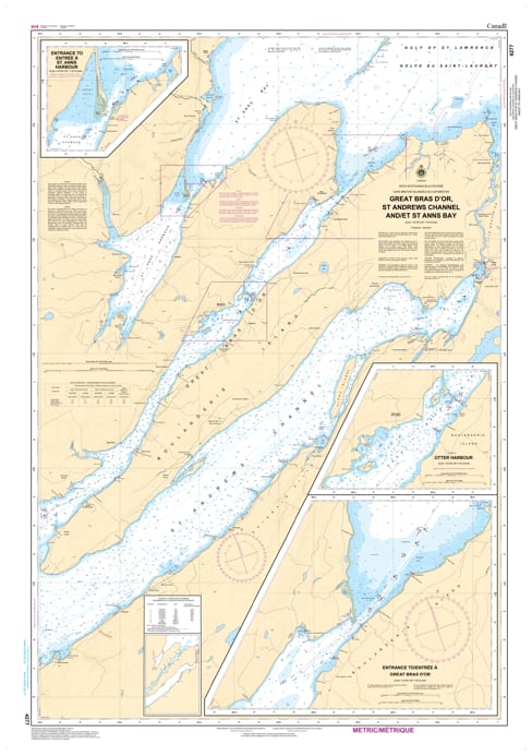 Official CHS Nautical Chart 4277 of Great Bras d'Or, St. Andrews Channel, and St. Anns Bay, Nova Scotia, showing deep-water navigation paths. Official CHS Nautical Chart 4277 of Great Bras d'Or, St. Andrews Channel, and St. Anns Bay, Nova Scotia, showing deep-water navigation paths.
