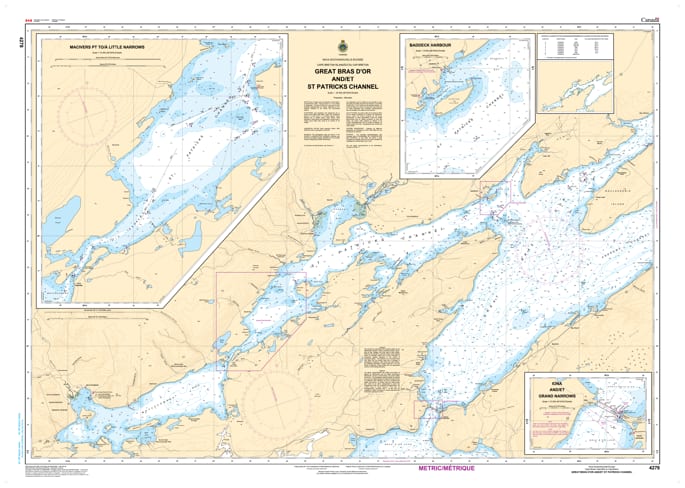 Official CHS Nautical Chart 4278 of Great Bras d'Or and St. Patricks Channel, showing nautical depths and aids for Baddeck, Nova Scotia. Official CHS Nautical Chart 4278 of Great Bras d'Or and St. Patricks Channel, showing nautical depths and aids for Baddeck, Nova Scotia.