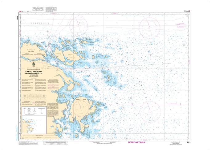 Official CHS Nautical Chart 4281 of Canso Harbour and Approaches, Nova Scotia, showing depth soundings and navigational aids for Guysborough County. Official CHS Nautical Chart 4281 of Canso Harbour and Approaches, Nova Scotia, showing depth soundings and navigational aids for Guysborough County.