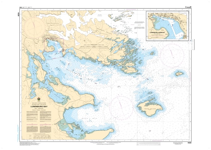 Official Canadian Hydrographic Service (CHS) nautical chart 4328 of Lunenburg Bay and Harbour, Nova Scotia, showing depth soundings and wharf details. Official Canadian Hydrographic Service (CHS) nautical chart 4328 of Lunenburg Bay and Harbour, Nova Scotia, showing depth soundings and wharf details.