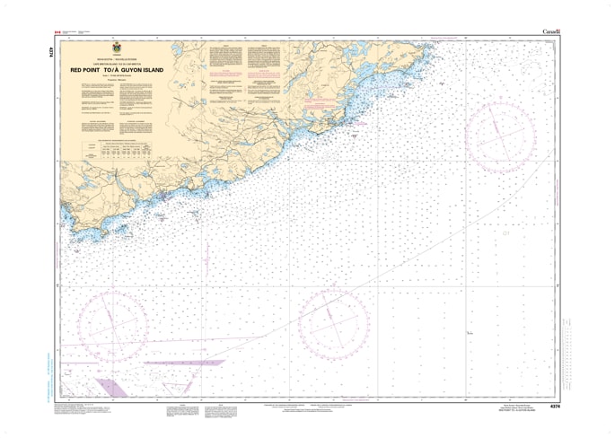 CHS Nautical Chart 4374 Red Point to Guyon Island showing Cape Breton SE coast depth soundings and navigation aids.