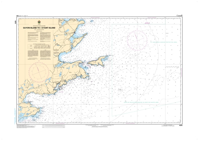 CHS Nautical Chart 4375 Guyon Island to Flint Island showing Louisbourg Harbour, bathymetry, and Atlantic coastal navigation aids.