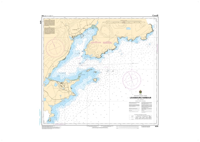CHS Nautical Chart 4376 Louisbourg Harbour detailed 1:9,600 scale marine map showing harbor depths, anchorage areas, and navigation lights.