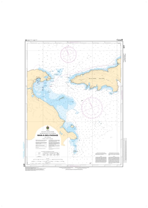 CHS Nautical Chart 4377 Main-Ã -Dieu Passage showing Scatarie Island, Moque Head, 1:18,000 scale depth soundings, and navigation aids. CHS Nautical Chart 4377 Main-Ã -Dieu Passage showing Scatarie Island, Moque Head, 1:18,000 scale depth soundings, and navigation aids.