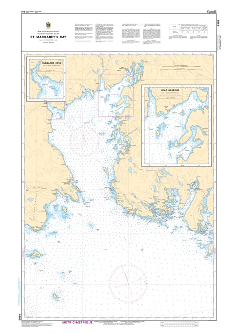 CHS Nautical Chart 4386 St. Margaret's Bay showing Peggy's Cove, Hubbards, depth soundings, and navigation aids. CHS Nautical Chart 4386 St. Margaret's Bay showing Peggy's Cove, Hubbards, depth soundings, and navigation aids.