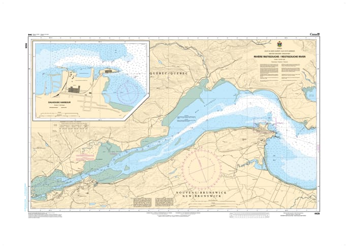 Official CHS Nautical Chart 4426 showing the Restigouche River, the Port of Dalhousie, and Campbellton at the New Brunswick-Quebec border.
