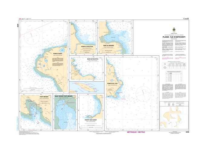Official CHS Nautical Chart 4430 showing harbor plans for Port-Menier and the western coastline of Anticosti Island, Quebec. Official CHS Nautical Chart 4430 showing harbor plans for Port-Menier and the western coastline of Anticosti Island, Quebec.
