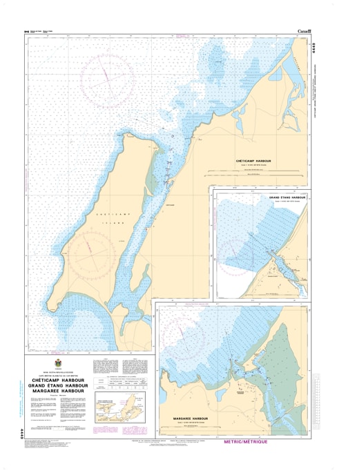 Official CHS Nautical Chart 4449 showing detailed harbour plans for Chéticamp, Grand Étang, and Margaree Harbour in Western Cape Breton. Official CHS Nautical Chart 4449 showing detailed harbour plans for Chéticamp, Grand Étang, and Margaree Harbour in Western Cape Breton.