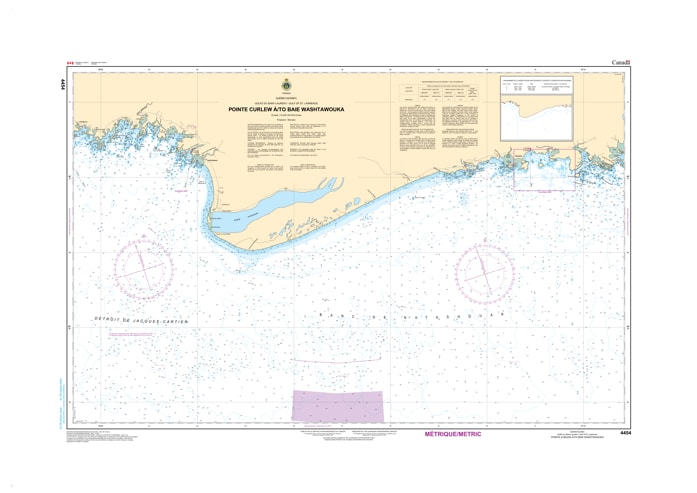 CHS Nautical Chart 4454 Pointe Curlew to Baie Washtawouka featuring detailed 1:70,000 scale depth soundings and North Shore Quebec coastal hazards. CHS Nautical Chart 4454 Pointe Curlew to Baie Washtawouka featuring detailed 1:70,000 scale depth soundings and North Shore Quebec coastal hazards.