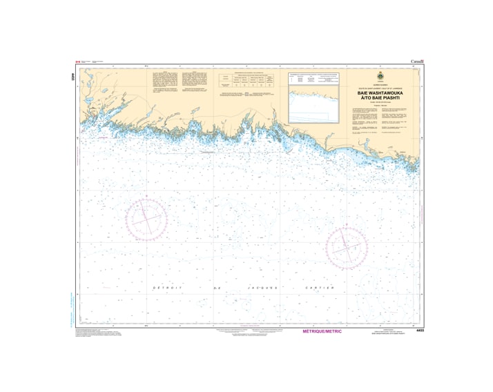 CHS Nautical Chart 4455 Baie Washtawouka to Baie Piashti detailed 1:70,000 scale marine map showing Aguanish and Baie-Johan-Beetz depth soundings.