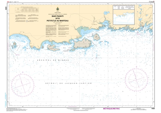 Canadian Hydrographic Service CHS Chart 4456 Baie Piashti to Petite Ile au Marteau marine navigation paper chart featuring depth soundings in Quebec. Canadian Hydrographic Service CHS Chart 4456 Baie Piashti to Petite Ile au Marteau marine navigation paper chart featuring depth soundings in Quebec.