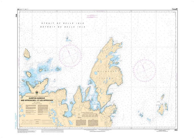 Official CHS Nautical Chart 4512 showing Quirpon Harbour, Quirpon Island, Cape Bauld, and the Northern Peninsula coastline.