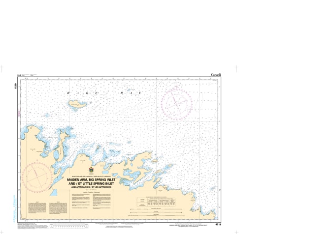 Official CHS Nautical Chart 4519 showing Maiden Arm, Big Spring Inlet, and Little Spring Inlet on the Great Northern Peninsula of Newfoundland. Official CHS Nautical Chart 4519 showing Maiden Arm, Big Spring Inlet, and Little Spring Inlet on the Great Northern Peninsula of Newfoundland.