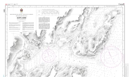 Canadian Hydrographic Service CHS Chart 4541 Sops Arm marine navigation paper chart featuring harbor depth soundings in White Bay Newfoundland. Canadian Hydrographic Service CHS Chart 4541 Sops Arm marine navigation paper chart featuring harbor depth soundings in White Bay Newfoundland.