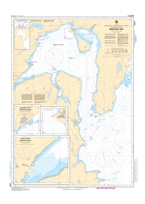 Canadian Hydrographic Service CHS Chart 4587 Mortier Bay marine navigation paper chart featuring harbor depth soundings in Placentia Bay Newfoundland.