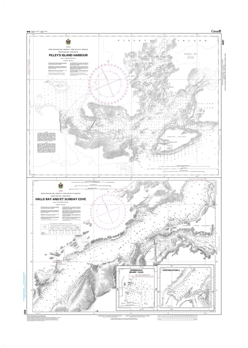 Canadian Hydrographic Service CHS Chart 4591 Pilley's Island Harbour, Halls Bay, and Sunday Cove marine navigation paper chart featuring depth soundings in Newfoundland. Canadian Hydrographic Service CHS Chart 4591 Pilley's Island Harbour, Halls Bay, and Sunday Cove marine navigation paper chart featuring depth soundings in Newfoundland.