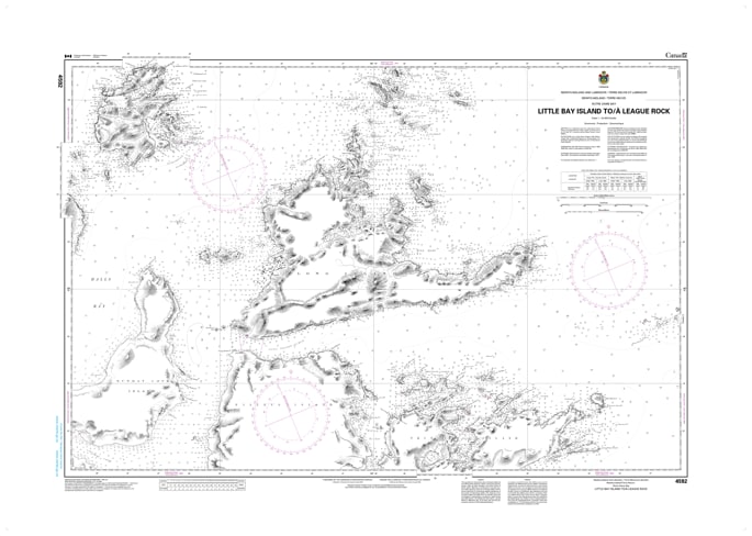 Canadian Hydrographic Service CHS Chart 4592 Little Bay Island to League Rock marine navigation paper chart featuring depth soundings in Newfoundland. Canadian Hydrographic Service CHS Chart 4592 Little Bay Island to League Rock marine navigation paper chart featuring depth soundings in Newfoundland.