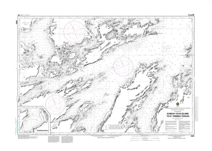 Canadian Hydrographic Service CHS Chart 4593 Sunday Cove Island to Thimble Tickles marine navigation paper chart featuring depth soundings in Newfoundland. Canadian Hydrographic Service CHS Chart 4593 Sunday Cove Island to Thimble Tickles marine navigation paper chart featuring depth soundings in Newfoundland.