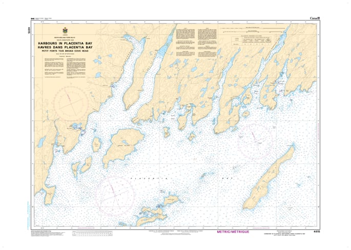 Official nautical chart 4615 showing detailed harbour plans, depth soundings, and navigation markers for Placentia Bay from Petite Forte to Broad Cove Head, Newfoundland. Official nautical chart 4615 showing detailed harbour plans, depth soundings, and navigation markers for Placentia Bay from Petite Forte to Broad Cove Head, Newfoundland.
