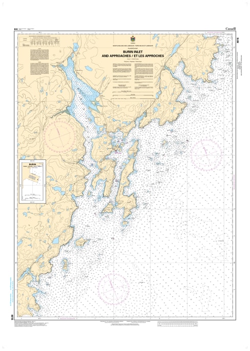 Official nautical chart 4616 showing detailed harbour plans, depth soundings, and navigation markers for Burin Inlet and surrounding harbours, Newfoundland.