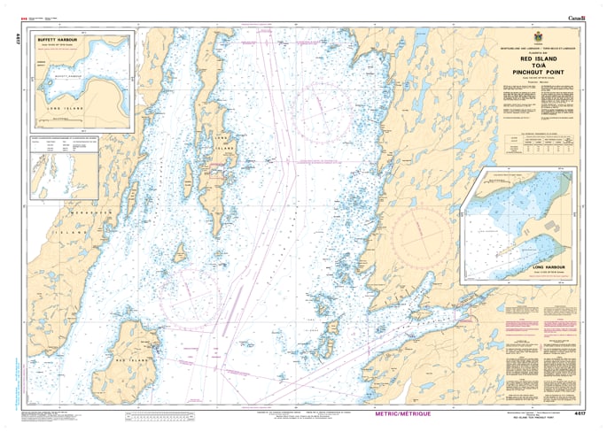 Official nautical chart 4617 depicting navigation routes, depth soundings, and coastal features from Red Island to Pinchgut Point in Placentia Bay, Newfoundland. Official nautical chart 4617 depicting navigation routes, depth soundings, and coastal features from Red Island to Pinchgut Point in Placentia Bay, Newfoundland.