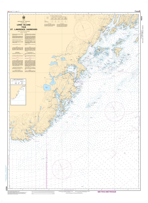 Canadian Hydrographic Service CHS Chart 4624 Long Island to St. Lawrence Harbours marine navigation paper chart featuring Burin Peninsula depth soundings. Canadian Hydrographic Service CHS Chart 4624 Long Island to St. Lawrence Harbours marine navigation paper chart featuring Burin Peninsula depth soundings.