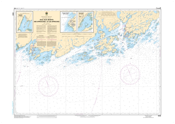 Canadian Hydrographic Service CHS Chart 4640 Isle aux Morts and Approaches marine navigation paper chart featuring southwest coast depth soundings. Canadian Hydrographic Service CHS Chart 4640 Isle aux Morts and Approaches marine navigation paper chart featuring southwest coast depth soundings.