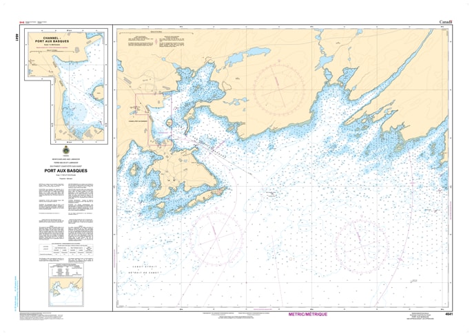 Canadian Hydrographic Service CHS Chart 4641 Channel-Port aux Basques and Approaches marine navigation paper chart featuring harbor ferry route depth soundings. Canadian Hydrographic Service CHS Chart 4641 Channel-Port aux Basques and Approaches marine navigation paper chart featuring harbor ferry route depth soundings.