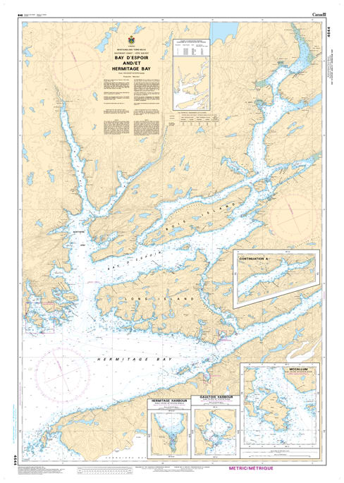 Canadian Hydrographic Service CHS Chart 4644 Bay D'Espoir and Hermitage Bay marine navigation paper chart featuring South Coast fjord depth soundings. Canadian Hydrographic Service CHS Chart 4644 Bay D'Espoir and Hermitage Bay marine navigation paper chart featuring South Coast fjord depth soundings.