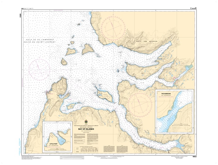 Canadian Hydrographic Service CHS Chart 4653 Bay of Islands marine navigation paper chart featuring western Newfoundland depth soundings. Canadian Hydrographic Service CHS Chart 4653 Bay of Islands marine navigation paper chart featuring western Newfoundland depth soundings.