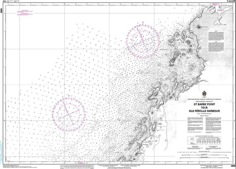 Official Canadian Hydrographic Service CHS Chart 4666 for St. Barbe Point to Old Ferolle Harbour showing coastal depth soundings and navigation aids. Official Canadian Hydrographic Service CHS Chart 4666 for St. Barbe Point to Old Ferolle Harbour showing coastal depth soundings and navigation aids.