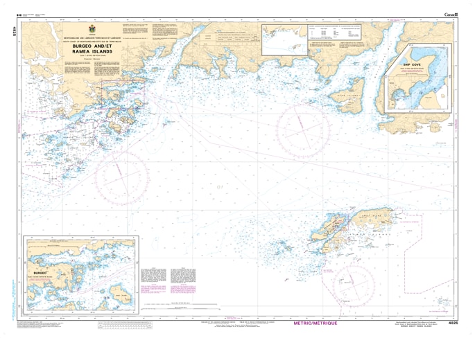 Official Canadian Hydrographic Service CHS Chart 4825 for Burgeo and Ramea Islands featuring a 1:30,000 detailed scale and coastal depth soundings. Official Canadian Hydrographic Service CHS Chart 4825 for Burgeo and Ramea Islands featuring a 1:30,000 detailed scale and coastal depth soundings.