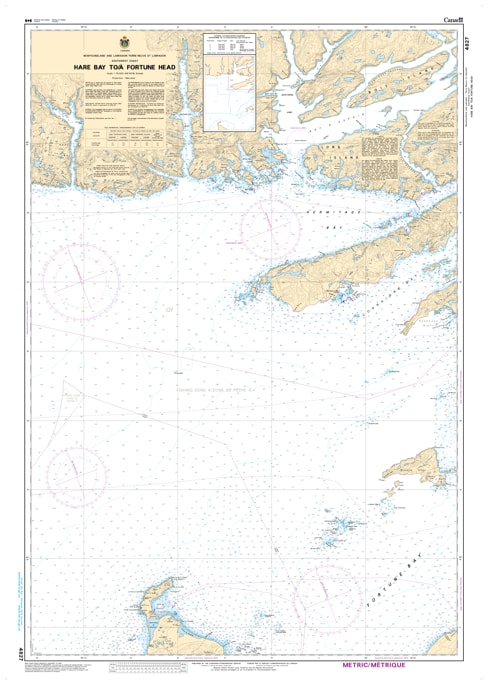 Official Canadian Hydrographic Service CHS Chart 4827 from Hare Bay to Fortune Head featuring a 1:75,000 scale and coastal depth soundings. Official Canadian Hydrographic Service CHS Chart 4827 from Hare Bay to Fortune Head featuring a 1:75,000 scale and coastal depth soundings.