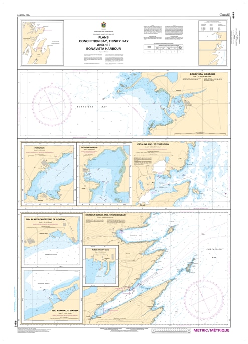 Canadian Hydrographic Service CHS Chart 4849 showing detailed marine navigation plans for Bonavista Harbour, Catalina Harbour, Conception Bay, and Trinity Bay Newfoundland Canadian Hydrographic Service CHS Chart 4849 showing detailed marine navigation plans for Bonavista Harbour, Catalina Harbour, Conception Bay, and Trinity Bay Newfoundland