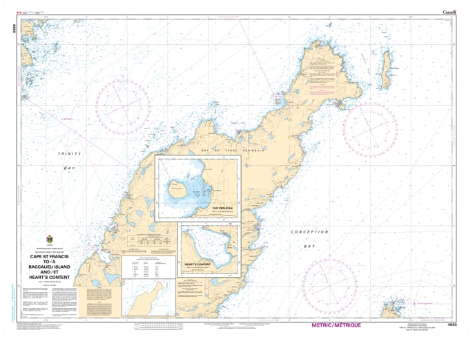 Canadian Hydrographic Service CHS Chart 4850 showing marine navigation map from Cape St Francis to Baccalieu Island and Heart's Content Newfoundland Canadian Hydrographic Service CHS Chart 4850 showing marine navigation map from Cape St Francis to Baccalieu Island and Heart's Content Newfoundland