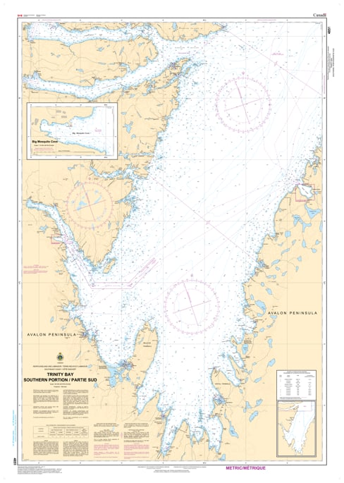 Canadian Hydrographic Service CHS Chart 4851 showing marine navigation map of the southern portion of Trinity Bay including Bull Arm and Clarenville Newfoundland
