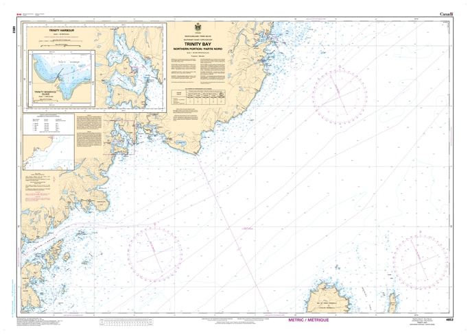 Canadian Hydrographic Service CHS Chart 4853 showing marine navigation map of the northern portion of Trinity Bay including Trinity Harbour and Catalina Newfoundland Canadian Hydrographic Service CHS Chart 4853 showing marine navigation map of the northern portion of Trinity Bay including Trinity Harbour and Catalina Newfoundland