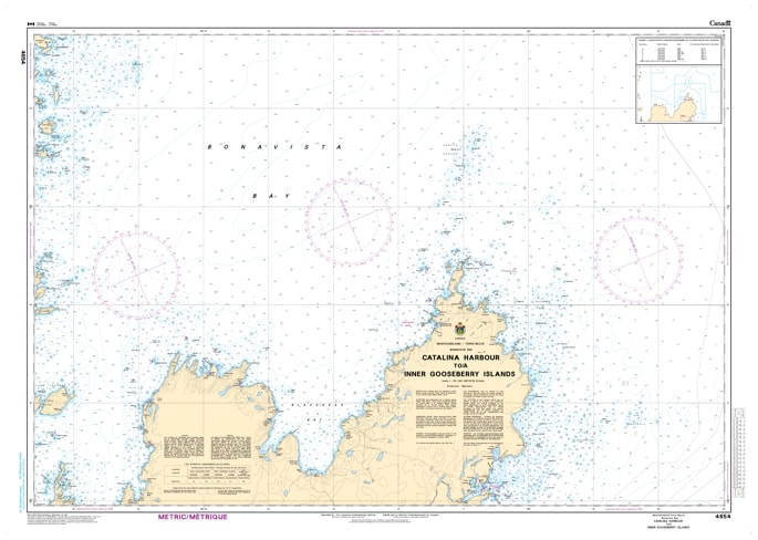 Canadian Hydrographic Service CHS Chart 4854 showing marine navigation map from Catalina Harbour to Inner Gooseberry Islands and Cape Bonavista Newfoundland Canadian Hydrographic Service CHS Chart 4854 showing marine navigation map from Catalina Harbour to Inner Gooseberry Islands and Cape Bonavista Newfoundland