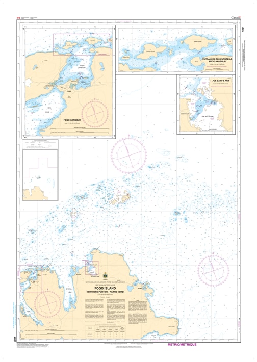 Navigate Northern Fogo Island safely with CHS Chart 4861. Official 2026 depth data, hazard markers, and harbor plans for Joe Batt's Arm, Tilting, and Fogo Harbour.