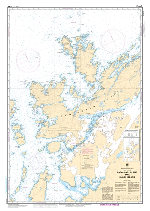 Official CHS Nautical Chart 4863 covering the Newfoundland coast from Bacalhao Island to Black Island, including the approaches to Notre Dame Bay. Official CHS Nautical Chart 4863 covering the Newfoundland coast from Bacalhao Island to Black Island, including the approaches to Notre Dame Bay.