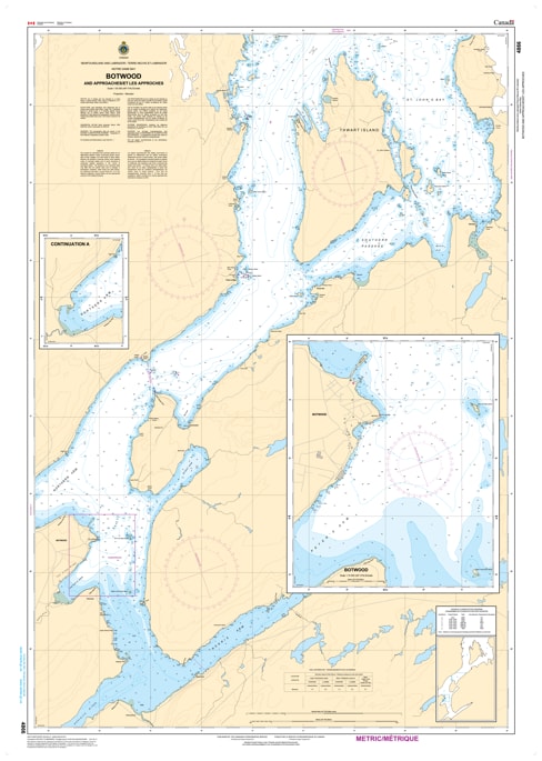 Nautical chart of Botwood and its approaches in Newfoundland, showing marine depth soundings, shipping lanes, and coastal topography. Nautical chart of Botwood and its approaches in Newfoundland, showing marine depth soundings, shipping lanes, and coastal topography.