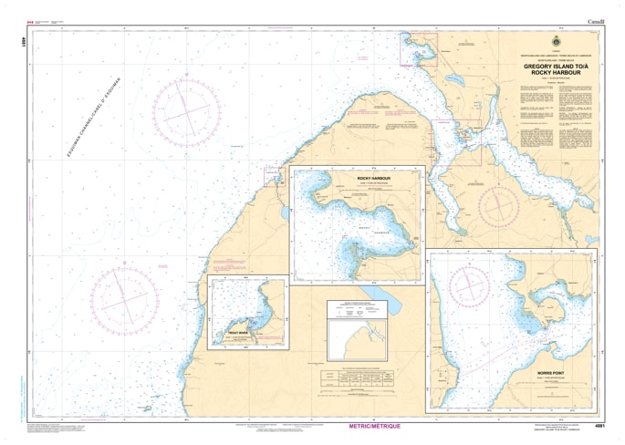 4881 - Gregory Island to Rocky Harbour Nautical Chart. Canadian Hydrographic Service (CHS)'s exceptional nautical charts and navigational products help ensure the safe navigation of Canada's waterways. These charts are the 'road maps' that guide mariners