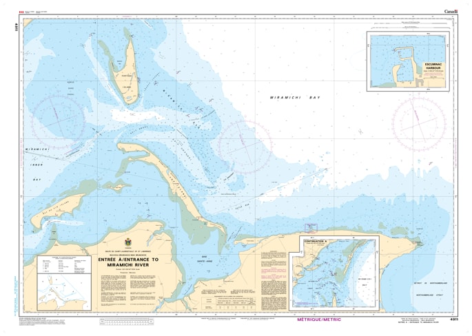 Nautical chart of the entrance to the Miramichi River in New Brunswick, detailing river mouth navigation channels, depth soundings, and coastal topography. Nautical chart of the entrance to the Miramichi River in New Brunswick, detailing river mouth navigation channels, depth soundings, and coastal topography.