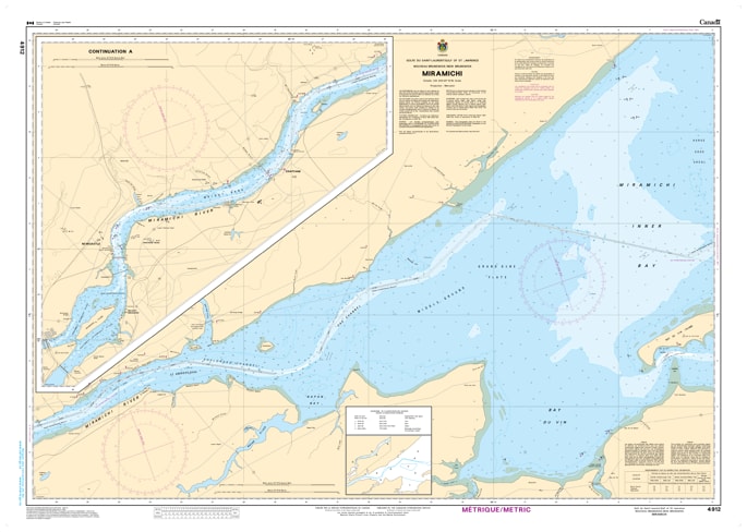 Official nautical chart of the Miramichi River in New Brunswick, detailing river depth soundings, navigation channels, and inland shoreline topography. Official nautical chart of the Miramichi River in New Brunswick, detailing river depth soundings, navigation channels, and inland shoreline topography.